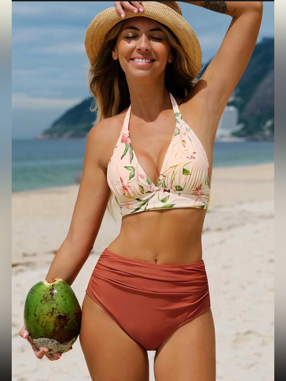 Cupshe Floral Halter Bikini Set - Light Pink & Rust